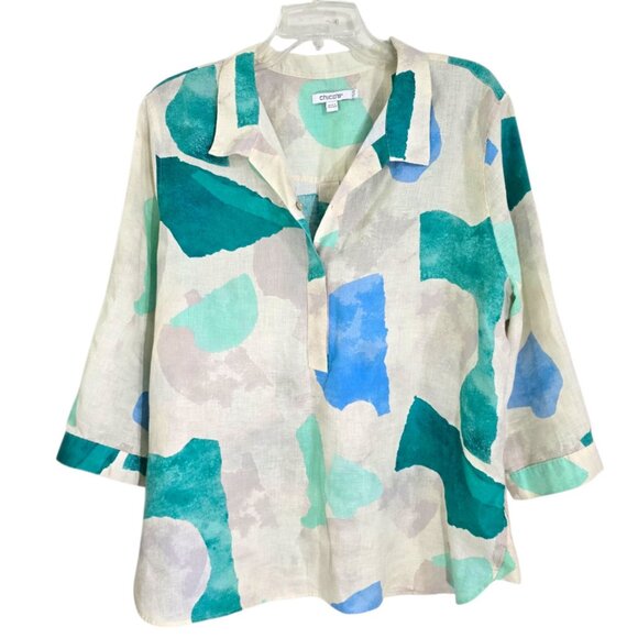 Chicos Womens Multicolor Abstract No Iron Linen Blouse 3/4 Sleeve Button Back 14 - Picture 1 of 14